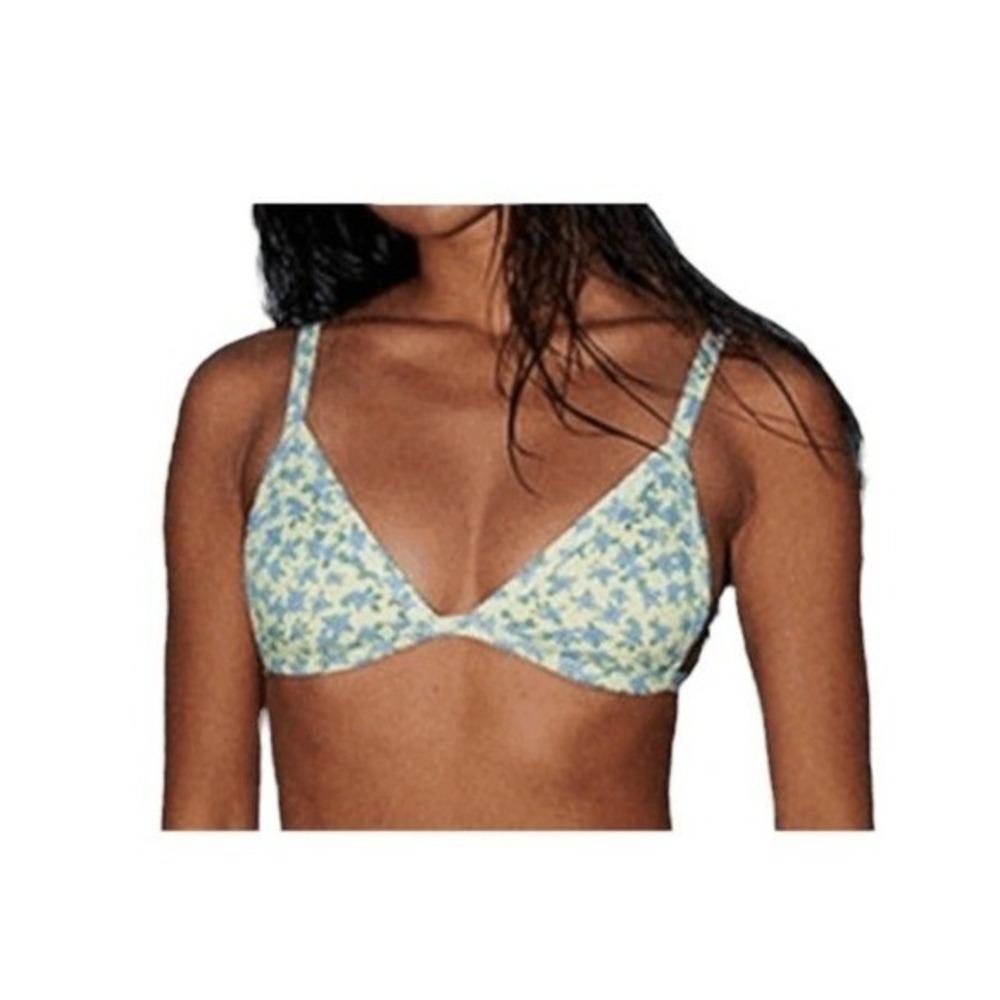 PacSun Chloe Fixed‎ Triangle Bikini Top Yellow Blue Floral Print Swimsuit S